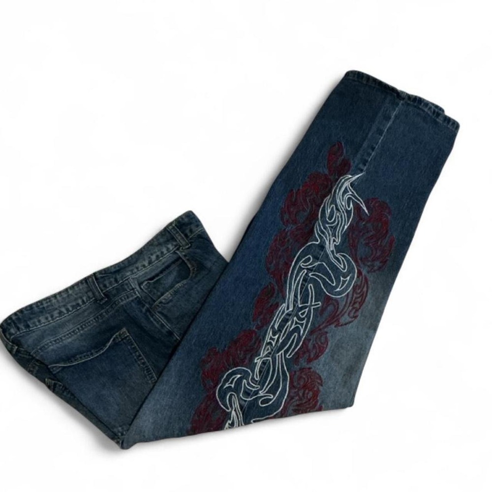Disclosure Wide Leg Jeans Womens 11/30 Blue Good Tribal Flame Baggy Streetwear